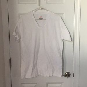 White v-neck t-shirts. Hanes brand.